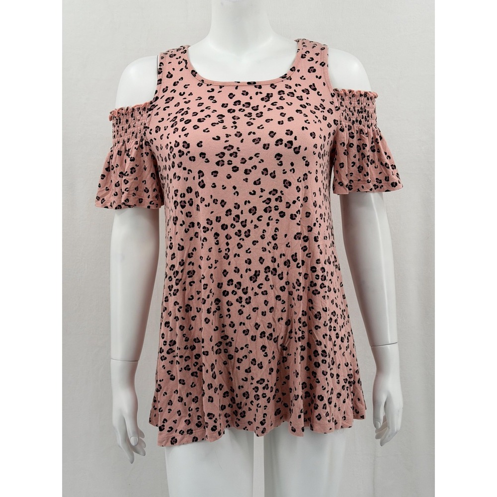 Elle Top‎ Womens XS Pink Leopard Cold Shoulder Short Sleeve Stretch Feminine